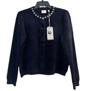 Cyrus Navy Fuzzy Embellished Rhinestone Button Cardigan Sweater Medium NWT